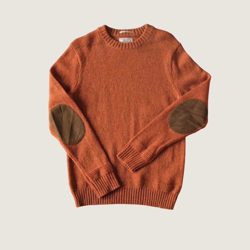 Wallace & Barnes Sweater Crew Neck Orange Shetland Wool Elbow Patches Size S Men